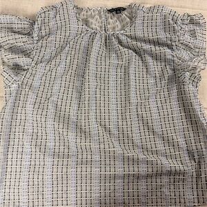 Zac & Rachel Women’s XL White Blue Black Geometric Chiffon Blouse Ruffle Sleeves